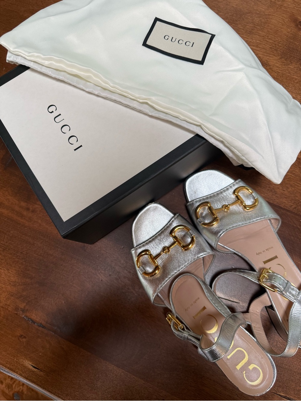 Gucci Horsebit Metallic Silver Ankle Strap Sandals - Picture 9 of 12
